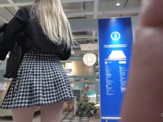 Petite girl in miniskirt flashing pussy in mall (risky upskirt)