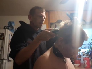 Baldbabey gets a haircut in lingerie 