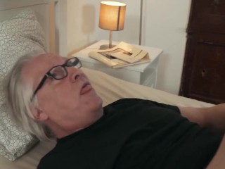 Blonde takes stepgrandpa facial after she gets fucked harcore