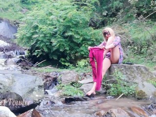 Dirty babe pissing, washing panties, ass, pussy & feet in the Waterfall stream near tourist camp