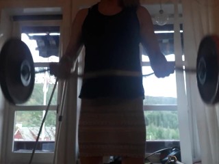 Training biceps with heels and butplugg