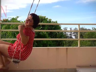 Cute housewife has fun without panties on the swing. Slut swings and shows her perfect pussy.