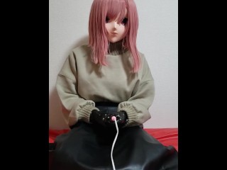 kigurumi plays with her PVC gloves.