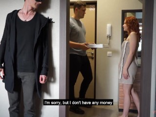 Redhead girl pays with her body for pizza and her boyfriend (cuckold) watches and masturbate