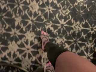 POV walking in black platform heels and leather leggings