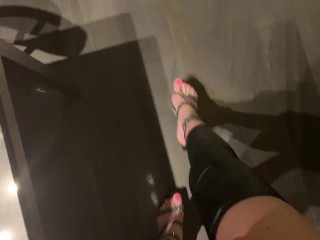 POV walking in black platform heels and leather leggings