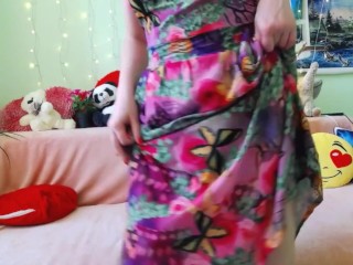 Russian Beautiful redhead woman tease in doggystyle after undress summer dress