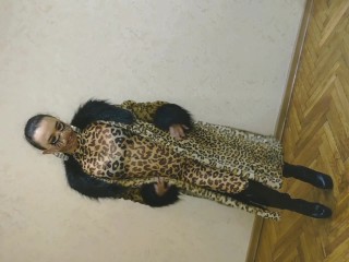 Asian Sissy Ladyboy In Sexy Leopard Coat And Leopard Suit And In High Heels Showing Her Sexy Body