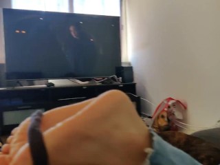 using my friend's feet with a hair band to cum