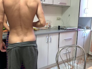 Real sex of a beautiful couple in the kitchen, cum on ass