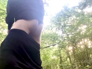 Public woodland wanking, cumming hard while people walk nearby, outdoor digging, horny straight guy