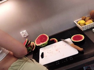 Step Sister in Short Shorts Sliced Watermelon I Couldn't Stand it and Fucked Her