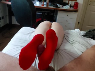 sexy revers footjob sockjob in red socks, cum on soles feet!💦💦🦶🏻