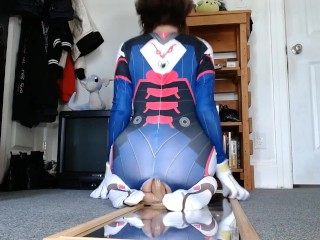 Teen femboy in D.Va cosplay spreads and dildos his butt