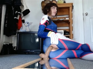Teen femboy in D.Va cosplay spreads and dildos his butt