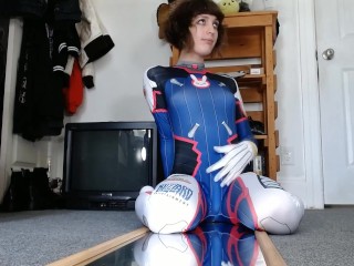 Teen femboy in D.Va cosplay spreads and dildos his butt