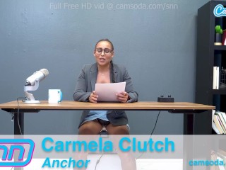 Camsoda News Network Reporter reads out news as she rides the sybian