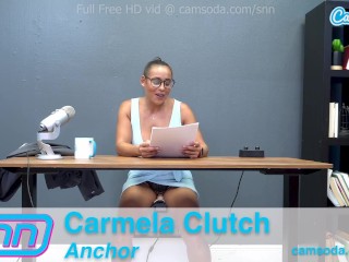 Camsoda News Network Reporter reads out news as she rides the sybian