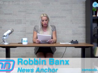 Camsoda News Network MILF Reporter reads out news as she rides the sybian