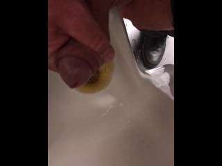 At work Risky Public Masturbation, Cumshot into the urinal after taking a long piss, startled midway