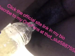 Filling up bottle with a lot of piss with sexy pussy