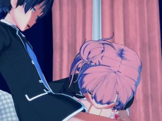 Yui Yuigahama rides Hachiman's cock on the sofa - OreGairu Hentai.