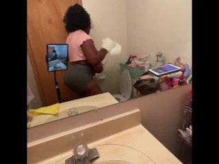 Ebony BBW cleaning nipples hanging out my shirt