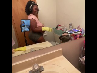 Ebony BBW cleaning nipples hanging out my shirt