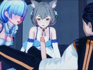 Subaru fucks Rem and Felix in a threesome - Re:Zero Hentai.