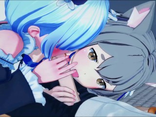 Subaru fucks Rem and Felix in a threesome - Re:Zero Hentai.