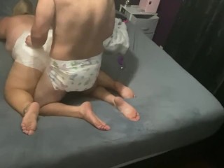 Diaper sex with a cream pie and a little breastfeeding 