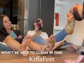 Goddess Kiffa and Goddess Grazi Dirty feet 6 Slave has to clean 2 pairs of dirty feet and got slappe