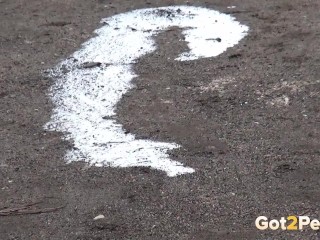 Hot Blonde Pees Between Two Buses