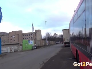 Hot Blonde Pees Between Two Buses