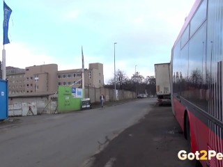 Hot Blonde Pees Between Two Buses