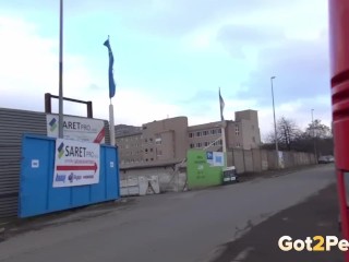 Hot Blonde Pees Between Two Buses