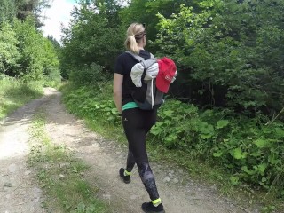 Young college student in leggings wants to fuck during a trip to the mountains