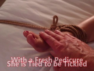 Rope bound woman gets her feet tickle-tortured! Then, pussy massage to "O"