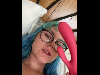 Blue haired teen tastes her own cum while sucking her toy