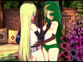 Ryuu Lion and Aiz Wallenstein have lesbian sex and strapon fuck in the garden - Danmachi Hentai.