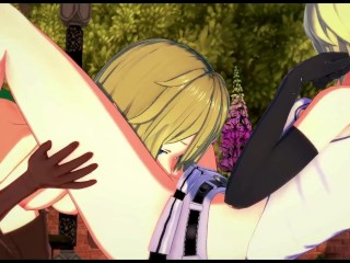 Ryuu Lion and Aiz Wallenstein have lesbian sex and strapon fuck in the garden - Danmachi Hentai.