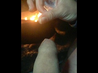 Wife Strokes my Cock in front of the Campfire leads to a huge cumshot almost making it into the pit