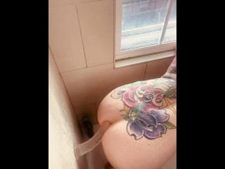 Big booty tattooed milf sucks and fucks her dildo in the shower! Close up POV! 