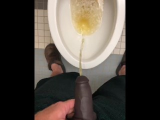 POV Pissing thru my hollow cock sleeve device in a public washroom then tasting the last few P drops