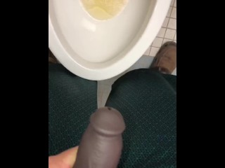 POV Pissing thru my hollow cock sleeve device in a public washroom then tasting the last few P drops