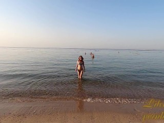 Transparent bikini, naked in the beach shower and thong in public