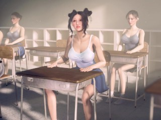 Futanari Asian Girl Masturbating in Classroom in Public