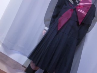 スカーフコキでセーラー服にべっとり射精 Cum onto Sailor School Uniform