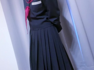 スカーフコキでセーラー服にべっとり射精 Cum onto Sailor School Uniform