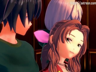 Aerith and some guys get a sucking and fucking sex party going at Tifa's bar